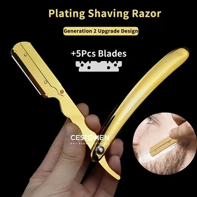 Professional Plating Barber Razor Folding Shaving Knife Stainless Steel Beard Cut Razors Holder For