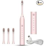 Sonic Electric Toothbrush Rechargeable Ideal for Adults Children 6 Optional Modes IPX7 USB Fast Charging Electric Ultrasonic Toothbrush with 2 min Build in Timer & 4 Replacement Headsï¼ˆPinkï¼‰