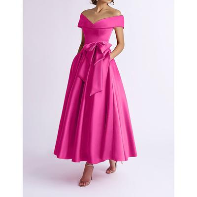 A-Line Cocktail Dresses Elegant Dress Wedding Guest Kentucky Derby Tea Length Short Sleeve Off Shoulder Pocket Satin with Bow(s) Derby Dresses 2025