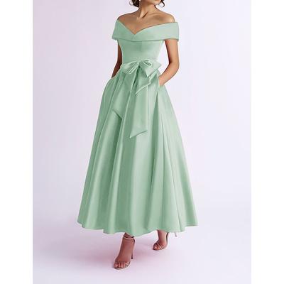 A-Line Cocktail Dresses Elegant Dress Wedding Guest Kentucky Derby Tea Length Short Sleeve Off Shoulder Pocket Satin with Bow(s) Derby Dresses 2025