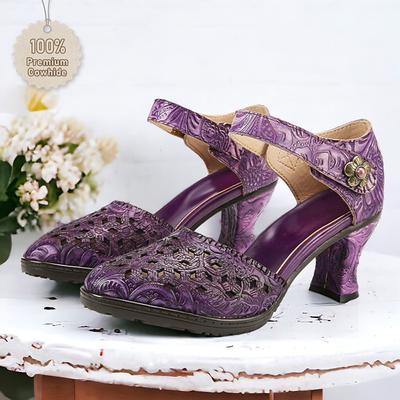 Women's Purple Vintage Cowhide Heels with Handcrafted Embossed Floral Patterns and Ankle Strap for Formal Occasions
