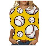 Women s Baseball Graphic Tops Basic Tees for Sports 3/4 Sleeve Loose Fit Flowy Tunic Tops Summer Clothes for Teen Girls Round Neck Blouse Vintage Fashion 2024 Dressy Casual Tops Yellow T Shirts L