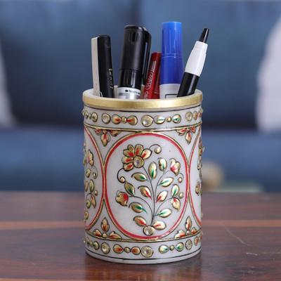 Utopian Space,'Classic Floral Golden and Red Marble Pen Holder from India'