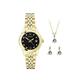 Sekonda Gift Set Womens 26mm Analogue Watch with Yellow Gold Stone Set Black Dial, Yellow Gold Stainless Steel Bracelet Matching Pendant and Earrings, Gold, Women