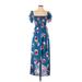 Pink Blush Casual Dress - Maxi Off The Shoulder Short sleeves: Blue Floral Motif Dresses - Women's Size Small