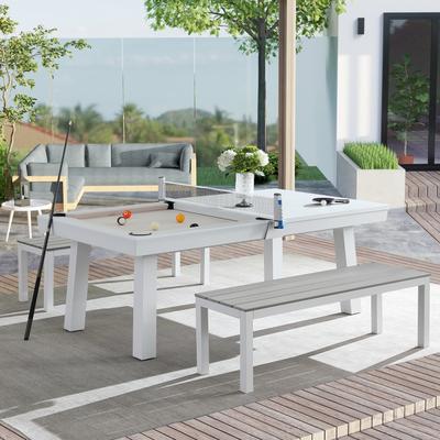 Norwalk Indoor/Outdoor 8ft Slate Pool Table Dining Set with 2 Benches & Accessories, White Finish - N/A