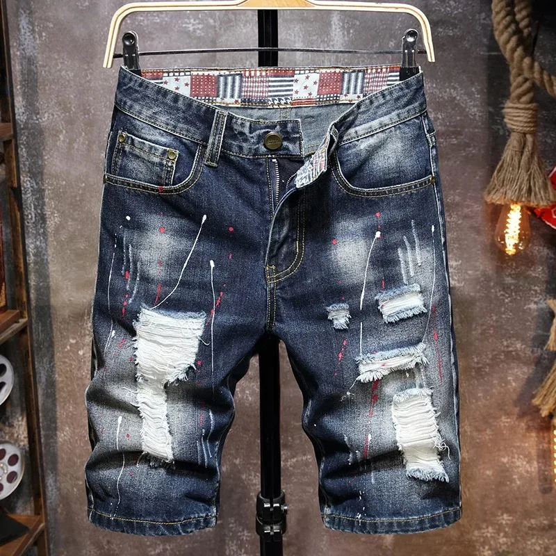 Vintage kurze Jeans Männer Sommer neue zerrissene Hip Hop Graffiti männliche Jeans shorts Streetwear Loch knielange Hose Image