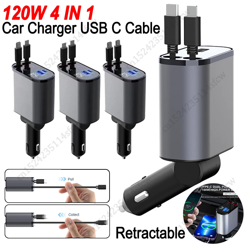 120w 4 in 1 einziehbares Auto ladegerät USB Typ C Kabel für iPhone Xiaomi Huawei Samsung Schnell ladekabel Zigaretten anzünder Adapter Image