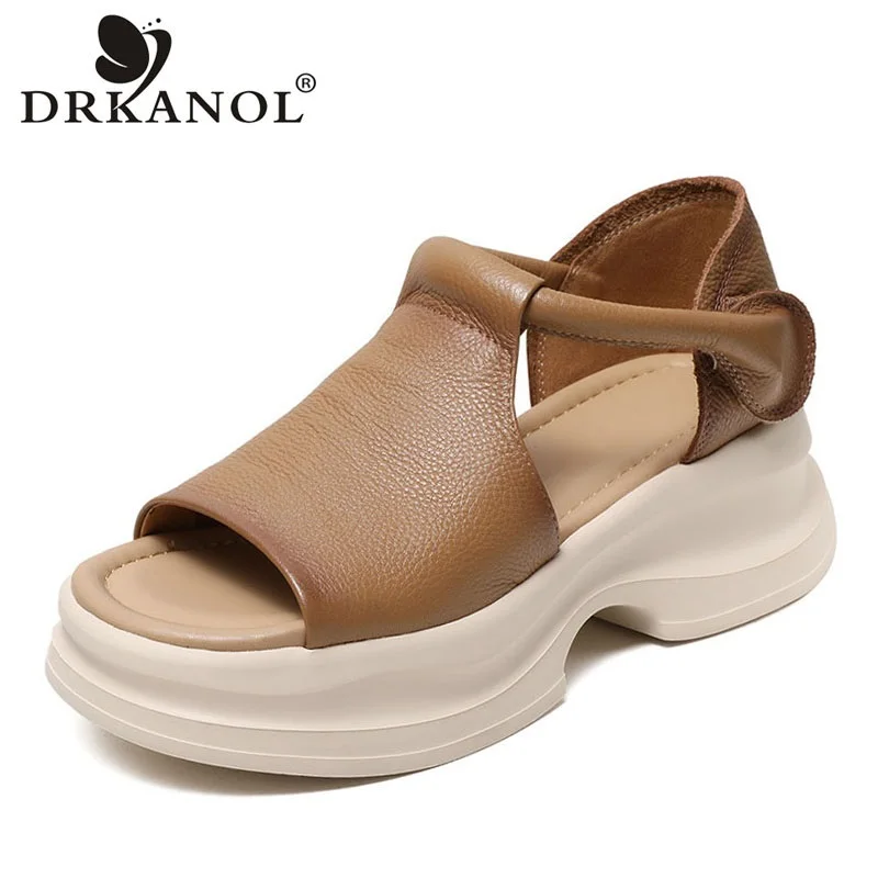 DRKANOL 2026 Sommer Schuhe Frauen Starke Ferse Sandalen Neue Design Haken & Schleife Echtes Leder Offene spitze Casual Plattform sandalen Damen Image
