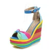 Plus Größe 33-43 Schuhe für Frauen Sommer Keile Sandalen Bunte Plattform Regenbogen Bowknot Hanf Unten Weibliche Schnalle Riemen schuhe