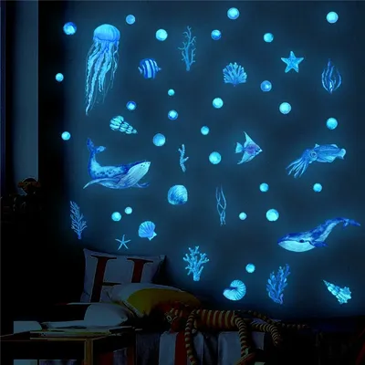 Leuchtende Fische Oktopus Wandaufkleber Unterwasserwelt Aufkleber Glow In The Dark Aufkleber für Image
