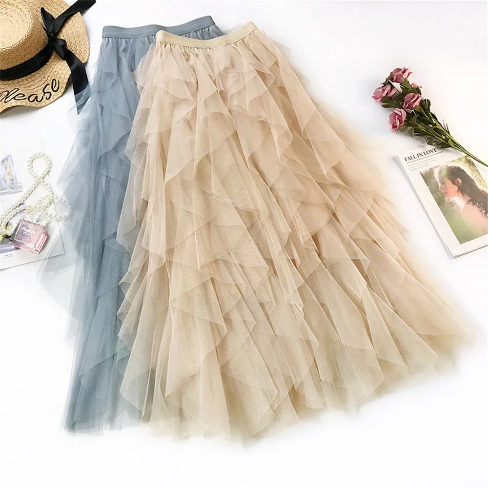 Gonna lunga in tulle con tutù di nuova moda Gonna lunga da donna Primavera Estate Gonna a pieghe a vita alta coreana nera rosa femminile