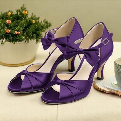 Women's Heels Wedding Shoes Dress Shoes Wedding Party Wedding Sandals Bowknot Kitten Heel Stiletto Round Toe Peep Toe Elegant Satin Black White Dark Purple