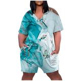 Tuphregyow Women s Plus Size V Neck Short Sleeve Jumpsuit Casual Romper with Knee Length Shorts Zipper and Pockets for Summer Beach Style Sky Blue XXXL