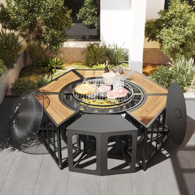 59'' Outdoor Patio BBQ Fire Pit with Grill, Stainless Steel Side Tables and Lids
