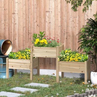 Raised Garden Bed with 3 Planter Box, Elevated Wooden Plant Stand with Drainage Holes, for Vegetables, Herb and Flowers, Natural