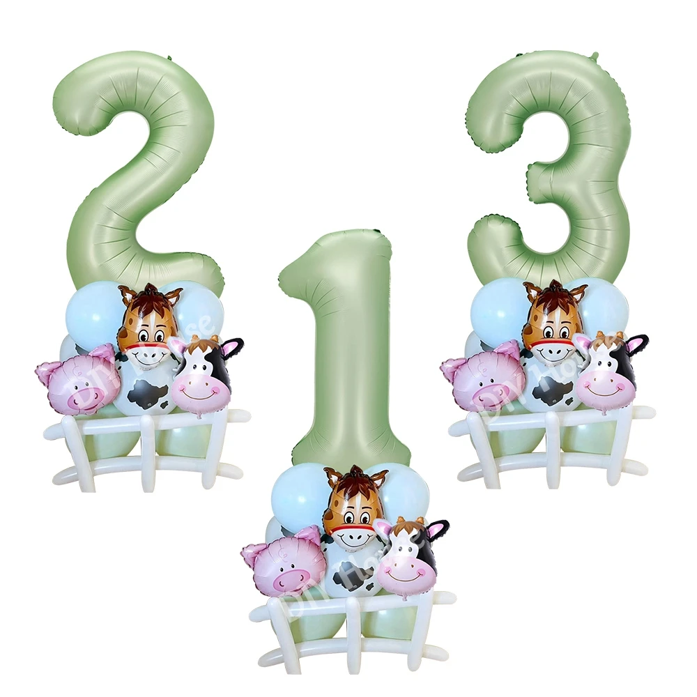 23 Stück Bauernhoftier-Luftballons, Karton, Kuh/Schweine, Ballonturm, grüne Zahlenballons für Kinder, Ackerlandtier, Geburtstagsparty-Dekoration Image