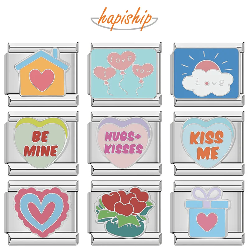 Hapiship 2024 Mode Neue Kiss Me Love Blume Herz Italienische Charms Links Fit 9mm Armband Edelstahl DIY Schmuck DJ1185-A Image