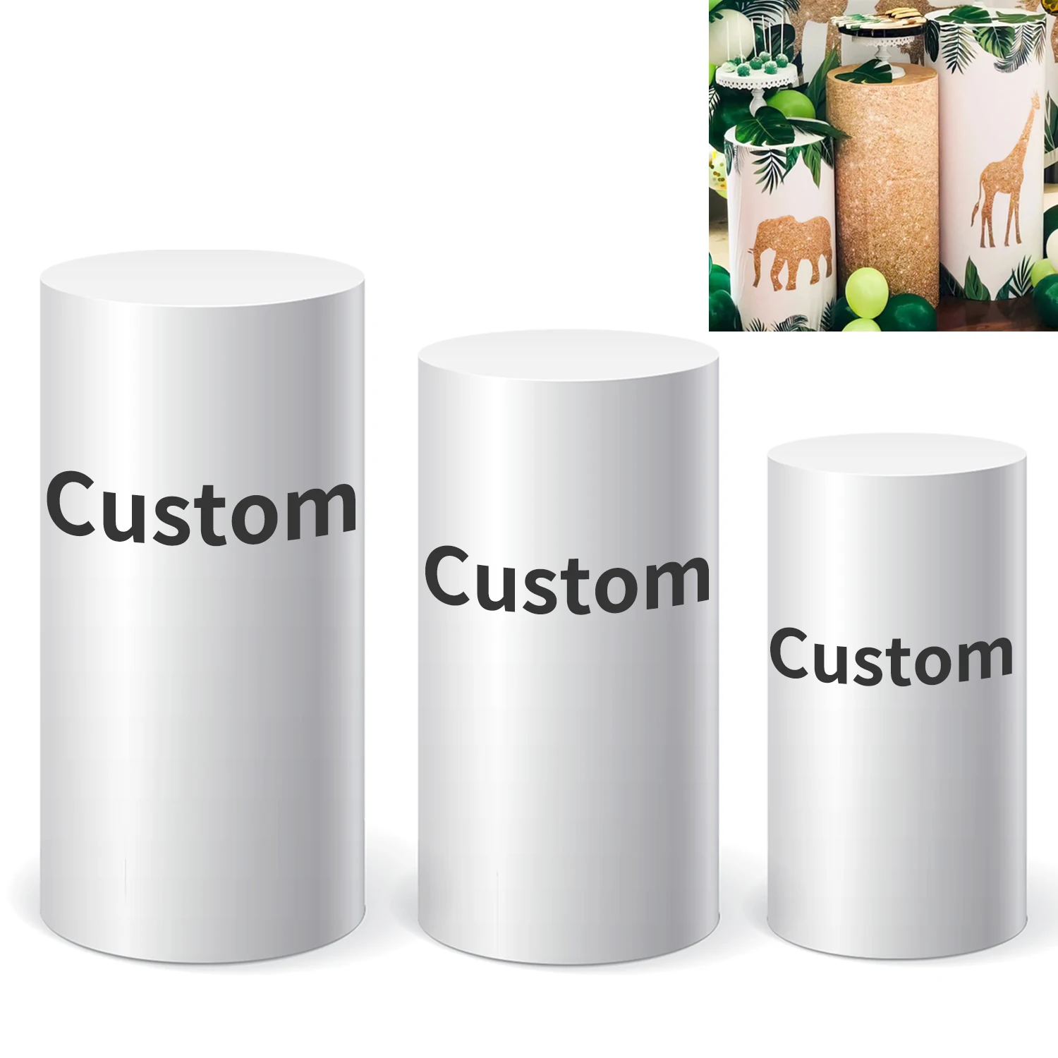 Personalisieren Sie individuelle Abdeckungen für Sockelständer, elastischer Stoff, Zylinder, Sockel, Hintergrund, Foto, Geburtstag, Party, Hochzeit, Dekoration. Image