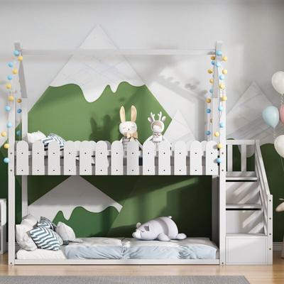 Etagenbett, Hochbett 90x200 mit zwei Schubladen, Kinderbett Hausbett mit Treppe, Rausfallschutz und Image