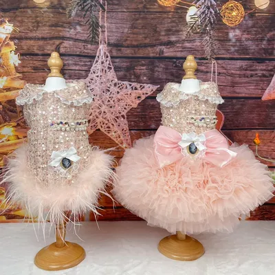 Pink Champagne Pet Dog Clothes Fashion Handmade Sequin Pearl Lace Bow Party Princess Dress For Small