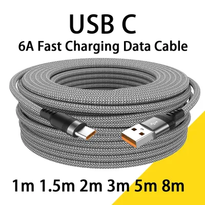 USB Type C 6A Super- Charging Cable For Huawei USB C Extended 1m 2m 3m 5m 8-Meter Cable For Xiaomi