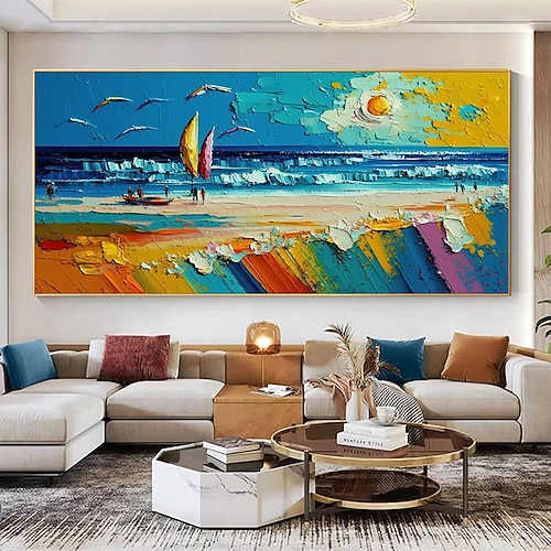 Handgefertigtes, handgemaltes Ölgemälde, Original-Sonnenschein-Ozean-Ölgemälde auf Leinwand, extra großes Wandkunst, abstraktes weißes Wellengemälde, Boho-Wanddekoration, gerollte Leinwand, kein Image