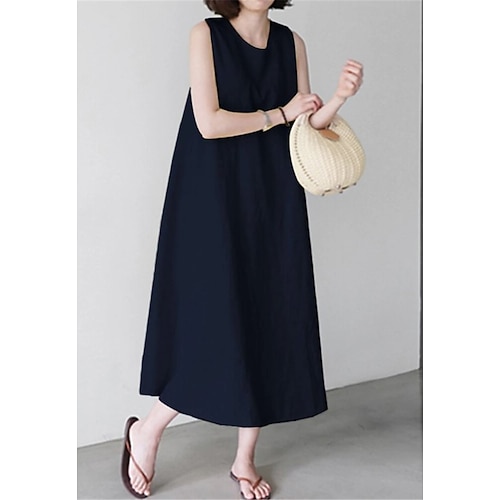 Damen Midikleid Kunstbaumwollleinen Shiftkleid Sommerkleid Weißes Kleid Lässig Täglich Urlaub Lässiger Schnitt Einfach Ärmellos Rundhalsausschnitt Weiß Wein Marineblau Sommer Frühling