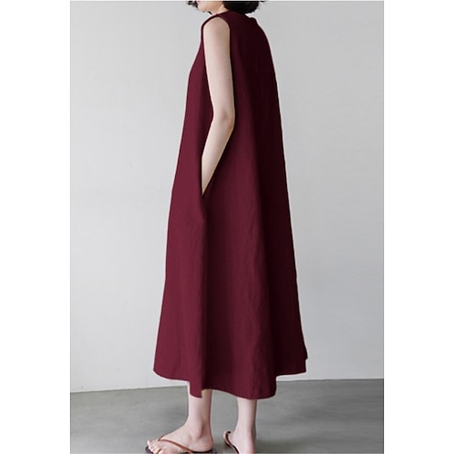 Damen Midikleid Kunstbaumwollleinen Shiftkleid Sommerkleid Weißes Kleid Lässig Täglich Urlaub Lässiger Schnitt Einfach Ärmellos Rundhalsausschnitt Weiß Wein Marineblau Sommer Frühling Image