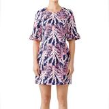 Lilly Pulitzer Dresses | Lilly Pulitzer Fiesta Printed Sheath Dress Short Sleeve Ruffle Aop Oversized 4 | Color: Blue/Pink | Size: 4