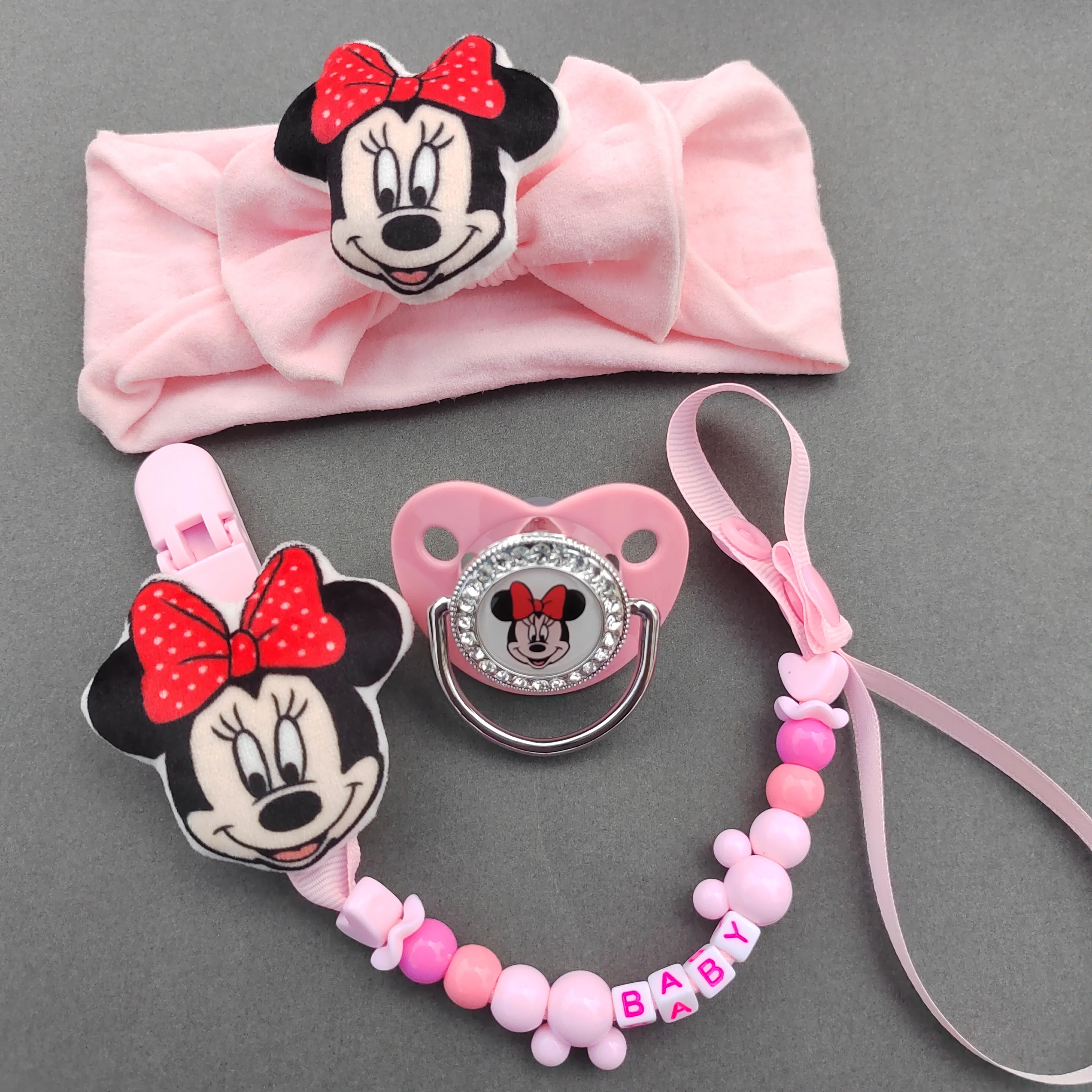 Disney Baby Pink Stirnband Schnuller Silikon Tier druck Schnuller mit Ketten clip Neugeborenen bpa-frei Schnuller Dummy Chupeta 0-12 m Image