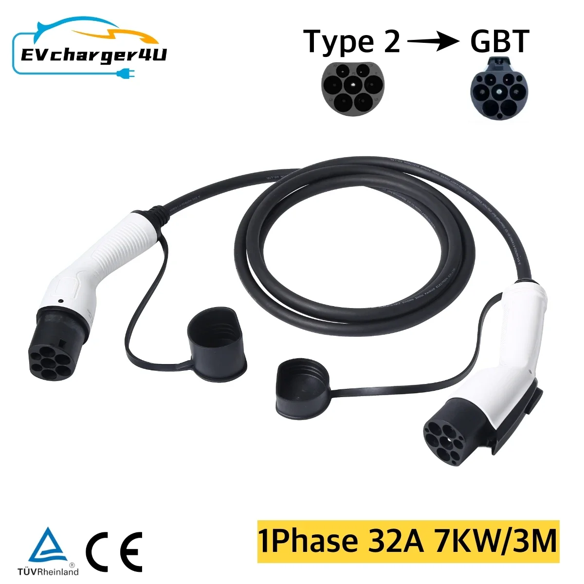 EVcharger4U Typ2 auf GBT EV-Ladekabel, 1 Phase, 32 A, 7 kW, 3 m/4 m, Elektrofahrzeug, Typ 2 Kabel, GB/T, EVSE-Buchse, Ladestation Image