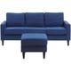 Canapé Fixe 3 Places en Tissu Bleu avec Pouf Ottoman Confortable pour Salon au Design Moderne