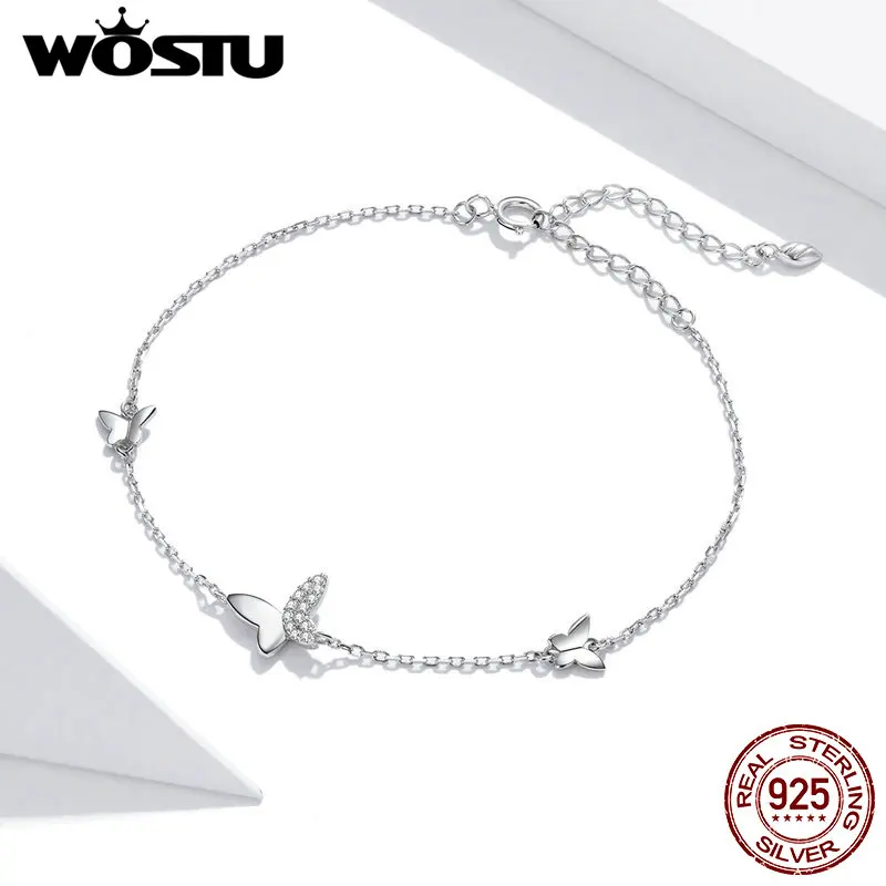 WOSTU Neue Ankunft 925 Sterling Silber Schmetterling Original Armband Einstellbare Glänzende Zirkon Kette Link Für Frauen Schmuck CQB197 Image