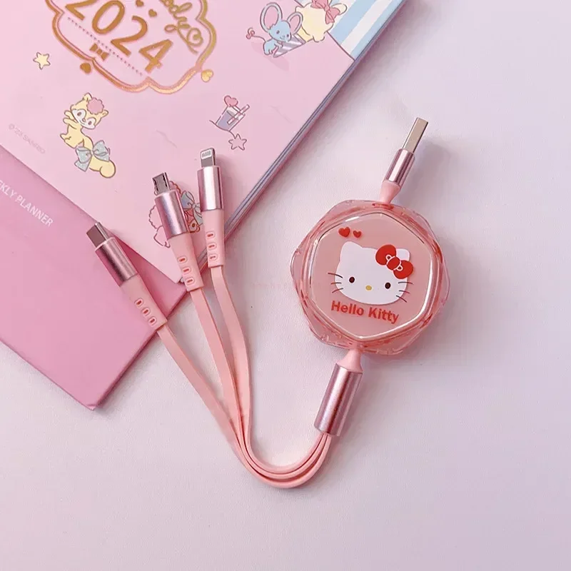 Süßes Kuromi Cinnamoroll Hello Kitty Drei-in-Eins-Teleskop-66-W-Schnellladedatenkabel Typ-C USB tragbares Autoladegerät Image