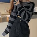 Pull court rayé de style coréen pour femmes pull en tricot surdimensionné vintage pulls à col rond