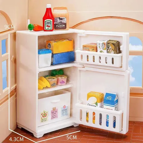 1/12 Mini Puppenhaus weißen Kühlschrank mit Essen Set Küchen spielzeug Miniatur möbel Kühlschrank