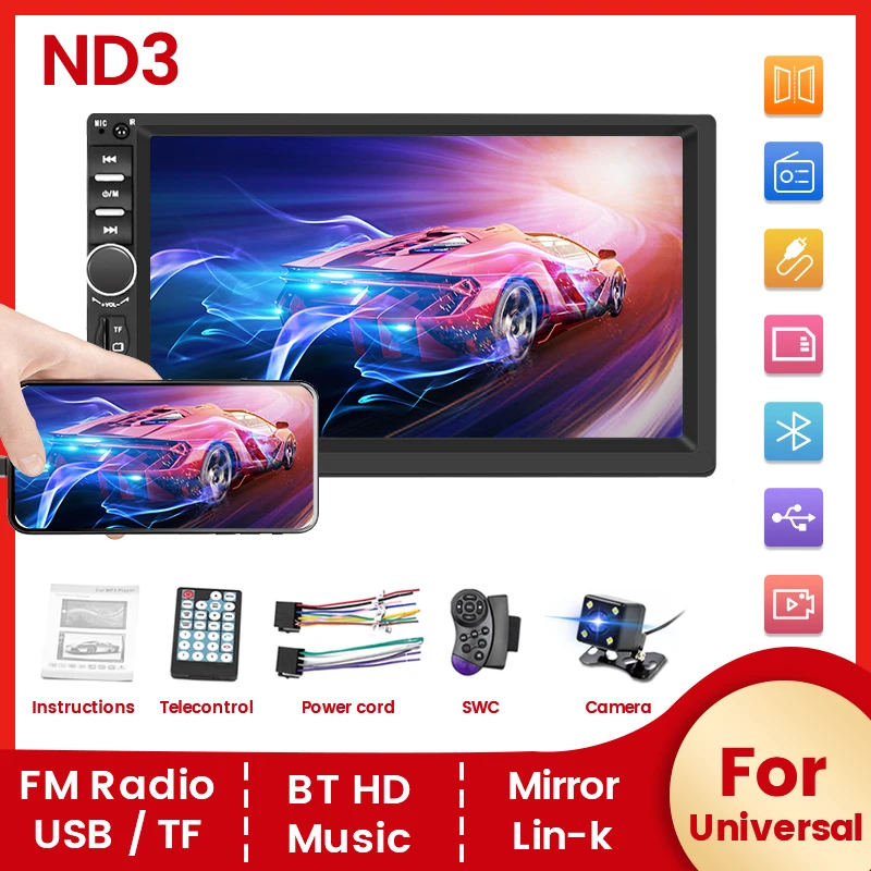 7 Zoll 2 Din Universal Autoradio Autoradio Multimedia-Player HD Touchscreen Auto Stereo MP5-Player Kamera Mirror link BT SWC TF Image
