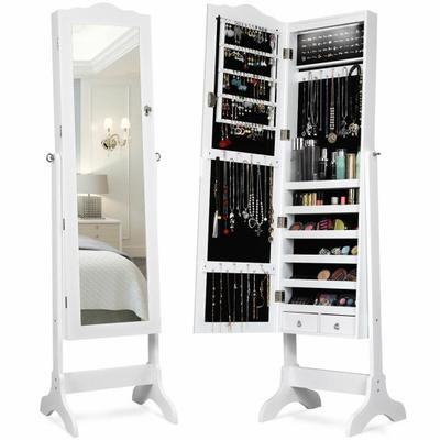 Costway 14 LED Jewelry Armoire Cabinet with Full Length Mirror and 4 Tilting Angles-White