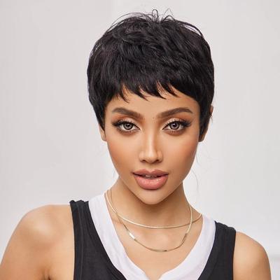 Short Pixie Cut Bob Human Hair Wigs Straight Black Brown Remy Hair for Women Natural Layered Wig with Bangs Wig