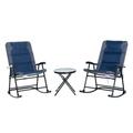 JHOOTUUO 3 Piece Outdoor Patio Set with Glass Coffee Table & 2 Folding Padded Rocking Chairs Bistro Style for Porch Camping Balcony Navy Blue