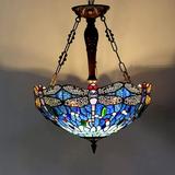 QYANG Pendant Lights 18 Inch Wide 3 Light Blue Stained Glass Chandeliers for Dining Living Room Stairway Foyer Entryway