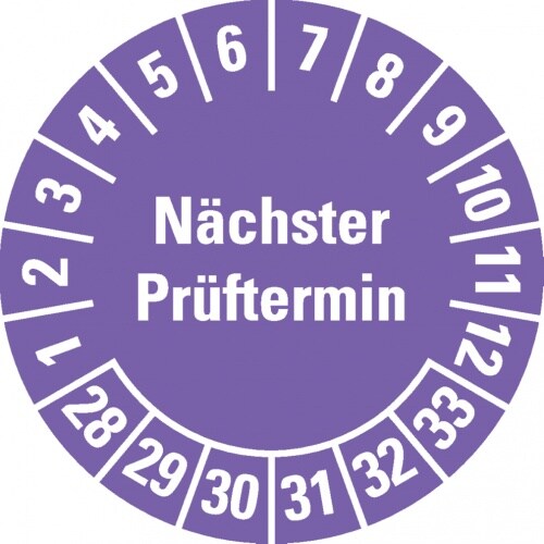 Dreifke® Prüfplakette Nächster Prüftermin, 28-33, violett, Dokumentenfolie, Ø 20mm, 500 Stk. Image