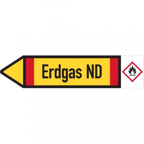 Dreifke® Rohrleitungskennzeichen-Etikett Erdgas ND, links, DIN, gelb/schwarz/rot, ab 90mm Ø, 440x100mm, 2/Bogen Image