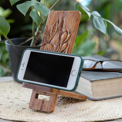 'Frangipani-Themed Hand-Carved Jempinis Wood Phone Stand'