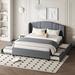 Queen Size Upholstered Platform Bed with Twin Size Trundle and 2 Drawers, Linen Fabric Bed Frame with Wingback Headboard