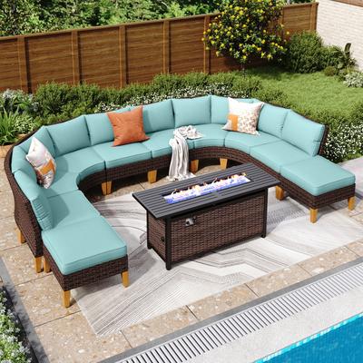 6-11 Piece Patio Outdoor Wicker Sectional Sofa Half-Moon Furniture Set Large Seating Conversation Sets with Fire Pit Table