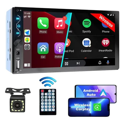 7 Inch Wireless Car Radio Stereo 2 Din HD Touch Screen Carplay Android Auto Car Video Player with Rear View Camera Bluetooth FM