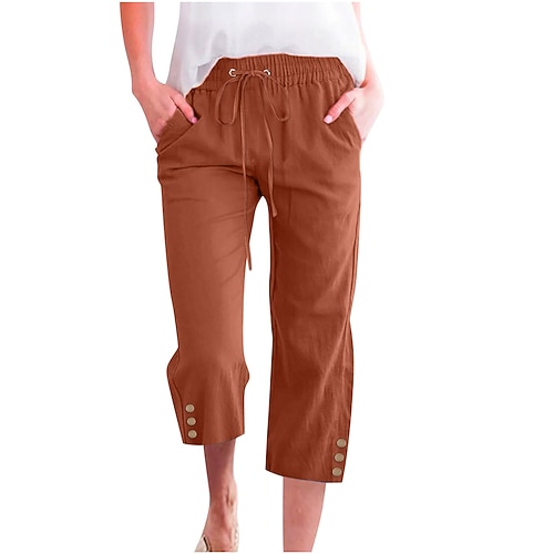 Damen Hose aus Baumwollleinen Hosen Hose Alltagstauglich Wadenlang Einfach Kordelzug Seitentaschen Atmungsaktivität Bequem Unelastisch Wochenende Wein Marineblau Braun Khaki Frühling Sommer Normale Image