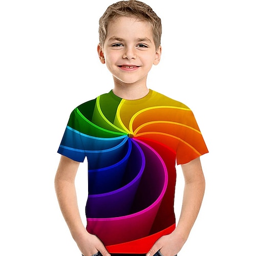 Jungen 3D Farbblock Regenbogen 3D-Druck T-Shirt Kurzarm 3D-Druck Sommer Aktiv Sport Strassenmode kinderkleidung Baby 2-13 Jahre Täglich Image